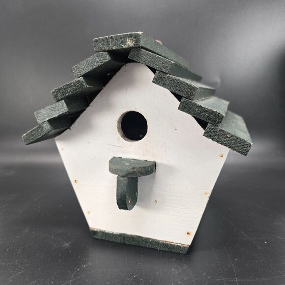 Vintage Rustic Green & White Wooden Birdhouse With Slanted Roof Folk Art CM2035 - Picture 2 of 10